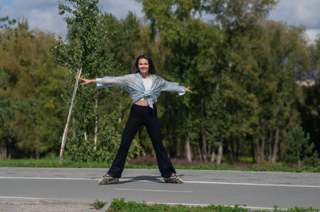 Caucasian woman roller skating in park