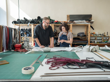 A man and a woman work as tanners in a workshop