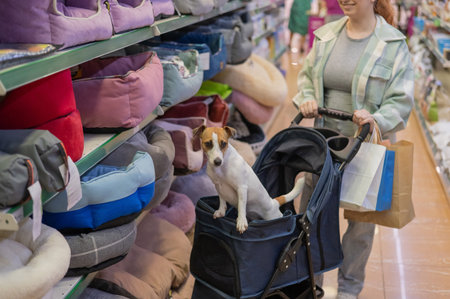 A woman is shopping at a pet store with her Jack Russell Terrier dog in a stroller