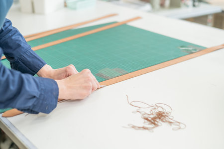 Leatherworker measuring and cutting leather in workshop