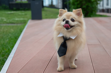 Cute Pomeranian in a tie on a walkの写真素材