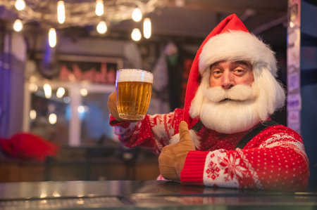 Santa Claus drinking beer at a barの写真素材