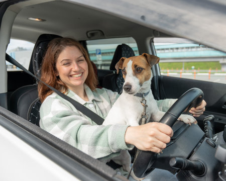 Caucasian woman traveling by car with her dogの写真素材