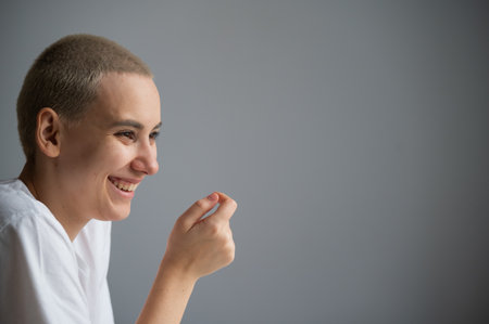 Portrait of young woman with short hair. Copy space.の写真素材