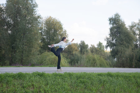 Caucasian woman roller skating in park