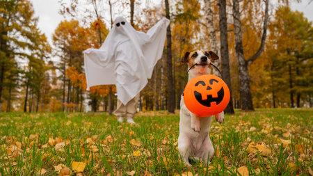 Woman in white sheet and jack russell terrier dog holding pumpkin in autumn forest. Halloween costumeの写真素材