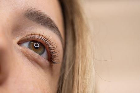 Close-up of a womans eye after eyelash lamination procedureの写真素材