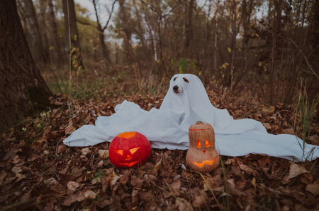 Jack Russell Terrier dog in a ghost costume for Halloween in the woodsの写真素材