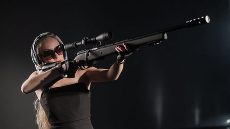 A Caucasian woman practicing shooting with a rifle and scope