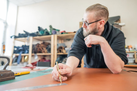 Caucasian bearded man working as a tanner in a workshop