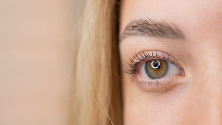 Close-up of a womans eye after eyelash lamination procedureの写真素材