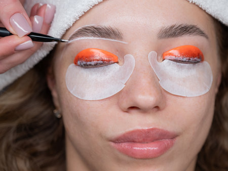 The process of professional lamination and dyeing of eyelashes and eyebrows in the salonの写真素材