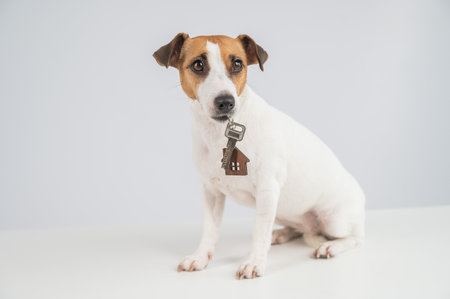 Jack Russell Terrier Dog Holding House Keys on white backgroundの写真素材