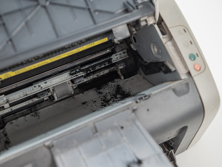 Broken laser printer cartridge on white background