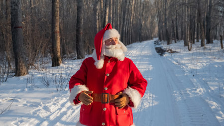 Santa Claus walks through the winter forestの写真素材