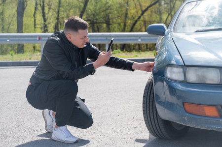 Caucasian man looks at and photographs deformation on his car bodyの写真素材