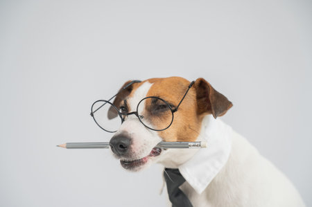 Business dog jack russell terrier holds pencil in mouthの写真素材