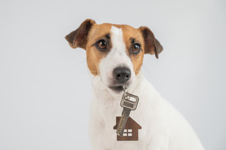 Jack Russell Terrier Dog Holding House Keys on white backgroundの写真素材