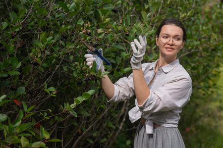 Young Caucasian woman trimming bushes