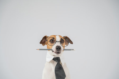 Business dog jack russell terrier holds pencil in mouthの写真素材