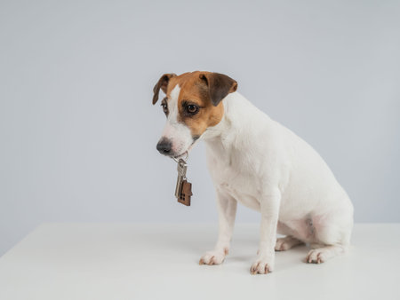 Jack Russell Terrier Dog Holding House Keys on white backgroundの写真素材