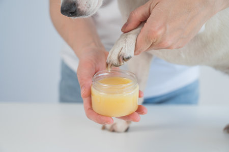 The owner puts wax on the dog's pawsの写真素材
