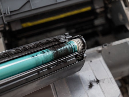 Broken laser printer cartridge on white backgroundの写真素材