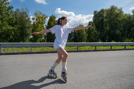 Caucasian woman in shorts roller skating