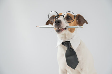 Jack Russell Terrier Dog Wearing Glasses Holds Pencilの写真素材