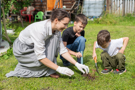 Caucasian woman tending her garden with her sonsの写真素材
