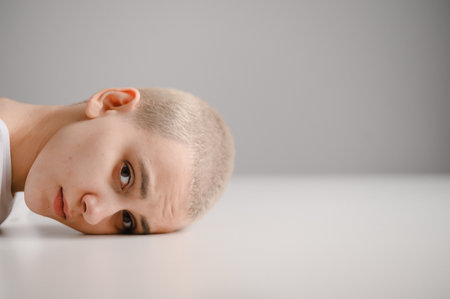 Sad woman with her head on the table on a white backgroundの写真素材