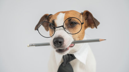 Jack Russell Terrier Dog Wearing Glasses Holds Pencilの写真素材