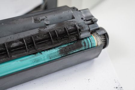 Broken laser printer cartridge on white backgroundの写真素材