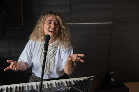 Caucasian woman singing into microphone and playing synthesizer and recording herself on laptop