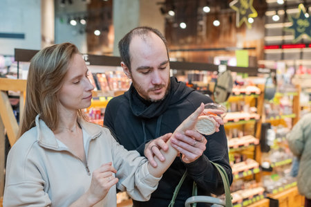 A Caucasian couple shopping at a cosmetics store