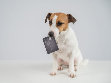 Smart dog with a card in his mouth on a white background