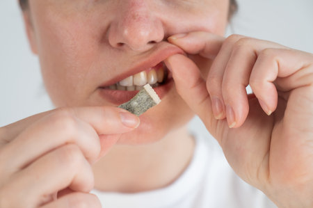 A woman uses chewing tobaccoの写真素材