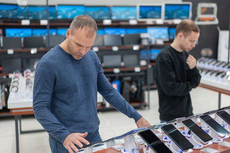 Two Caucasian men are choosing a smartphone in a store