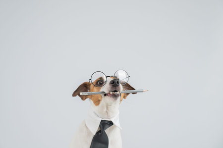 Jack Russell Terrier Dog Wearing Glasses Holds Pencil