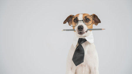 Business dog jack russell terrier holds pencil in mouthの写真素材