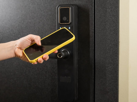 Modern smart door lock with digital keypad and keyless entry via smartphone