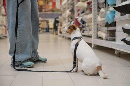 Caucasian woman in a shopping mall with a Jack Russell Terrier dog