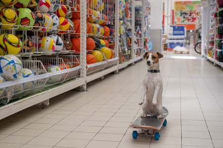 A Jack Russell Terrier rides a longboard at a shopping mall
