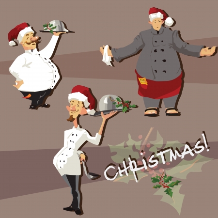 Set of chefs in Christmas hats restaurant; cafe; design elemtntsのイラスト素材