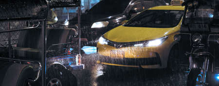 Yellow taxi stuck in traffic jam in Bangkok rainのeditorial素材