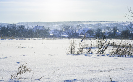 falling snow in the village in the morningの写真素材
