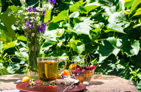 cup of green tea on a table with fruits and flowers in the gardenの写真素材