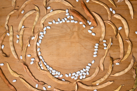 Dry beans on a wooden background with space for textの写真素材