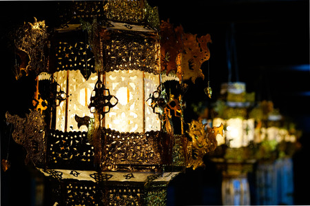 Thai traditional lantern style on night market in northern province in Thailandの写真素材