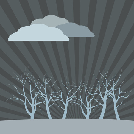 Dark vector landscape with dead trees, clouds in the sky of raysのイラスト素材